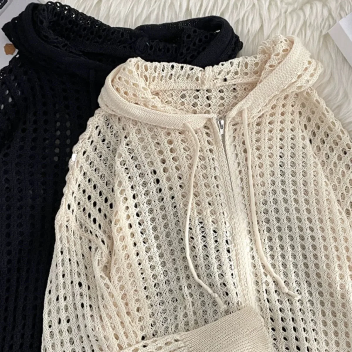 2026 Summer Women's Tops Trendy Hollow Out Hooded Knit Cardigan Thin Loose Lazy Style Sun Protection Outerwear