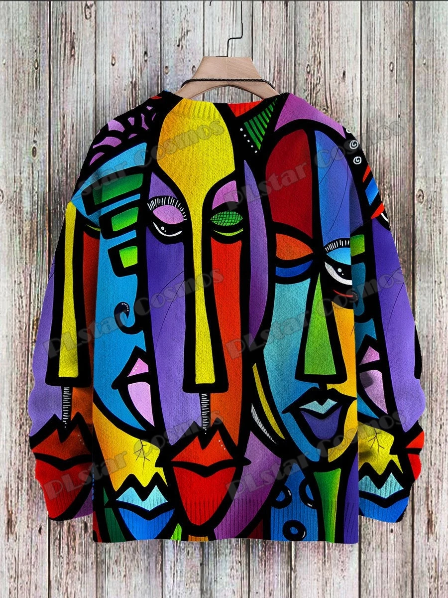 Abstract Art Girl Multicolor Pattern 3D Printed Men's Crewneck Knitted Pullover Winter Unisex Casual Knit Pullover Sweater ZZM47