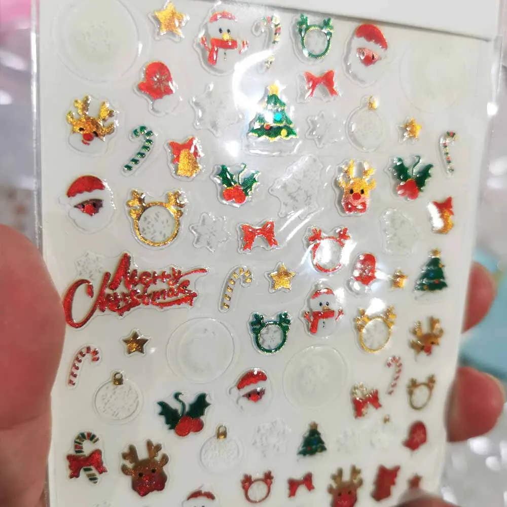 1/2/3 pçs 5d geléia natal arte do prego adesivos bonito dos desenhos animados elk árvore de natal boneco de neve sino floco de neve macio alívio decalque do prego deco