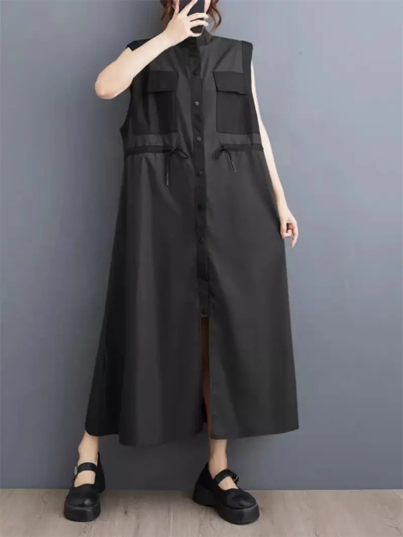 

Women's Clothing 2024 Summer New Dress Korean Edition Retro Casual Sleeveless Color Block Loose Waist Slimming Shirt Dress K1349