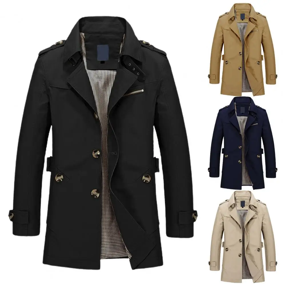 Abrigo ajustado de longitud media para hombre, chaqueta de un solo pecho, gabardina elegante con solapa, manga larga, botonadura única, longitud media