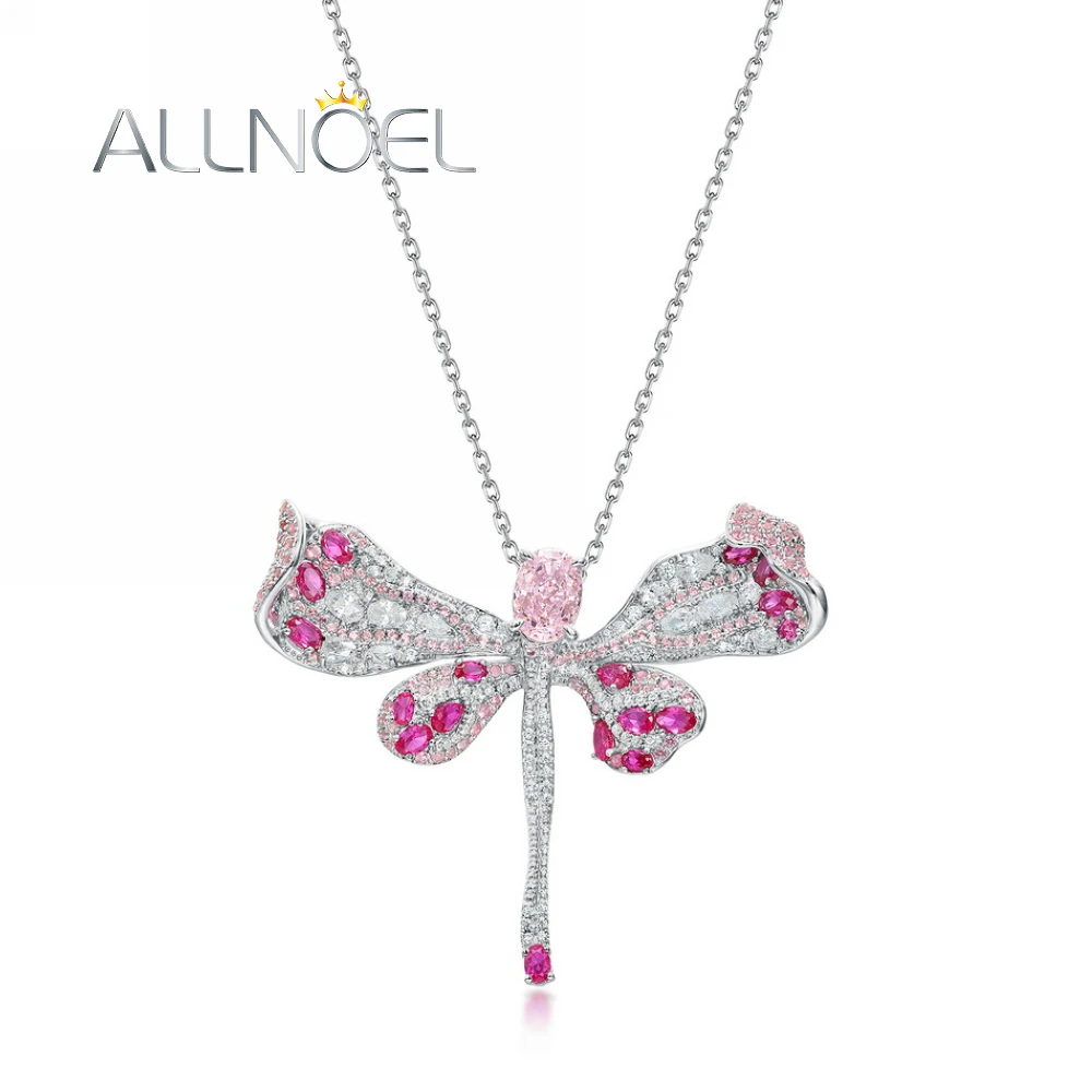 

ALLNOEL 925 Sterling Silver Pendant Necklace For Women 5*7mm lab Created Diamond Pink Stone Dragonfly Animal Luxury Jewelry Gift