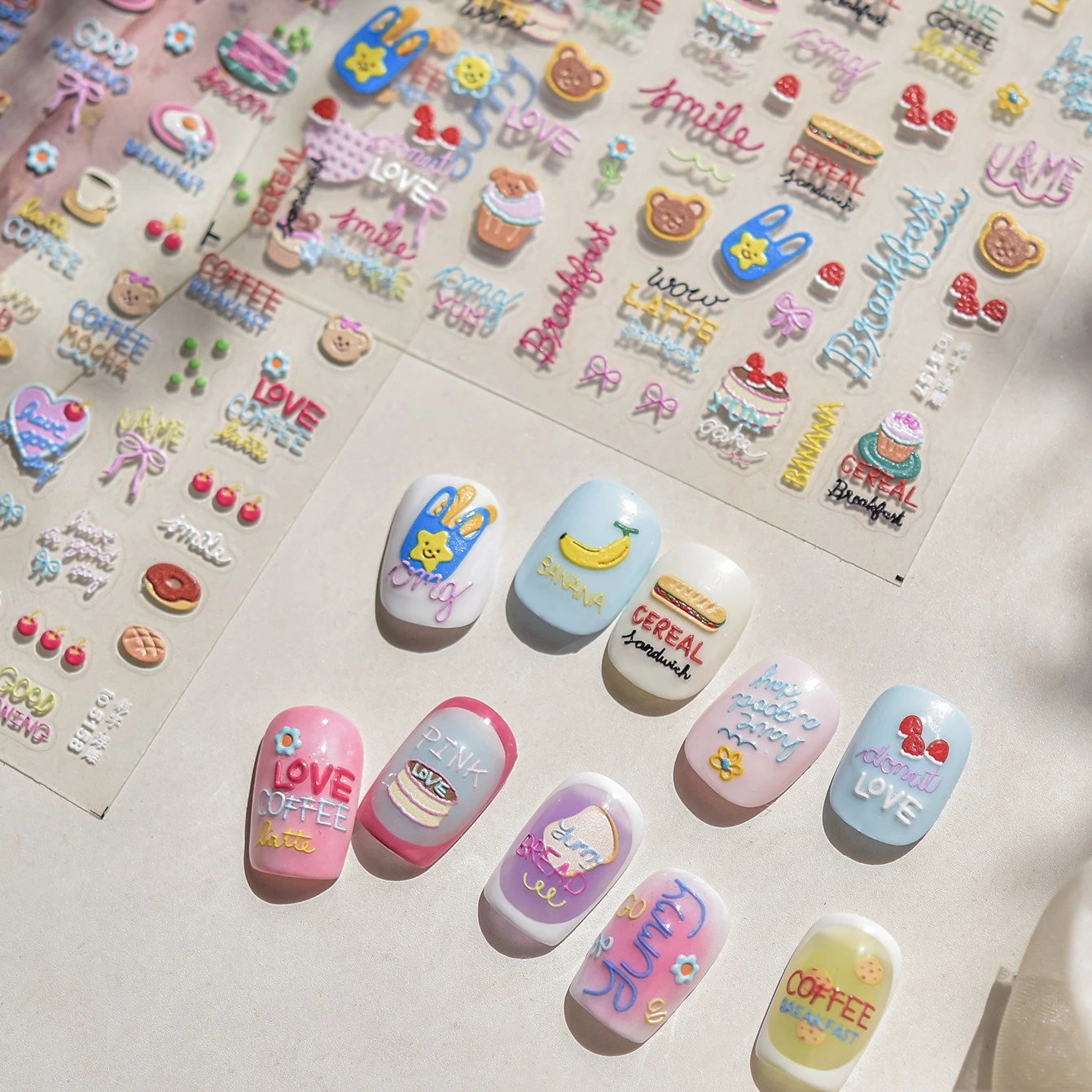 

Food Fruit Bear Bow Doughnut Bread Avocado Cake Baguette Latte Coffee Banana Cherry Nail Art Decoration Stickers Manicure Decal
