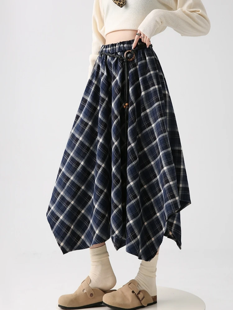 

Qiukichonson Midi Long Skirts Women Vintage Goth Autumn Winter High Waisted Ruffles Asymmetrical Plaid Skirt Maxi With Belt
