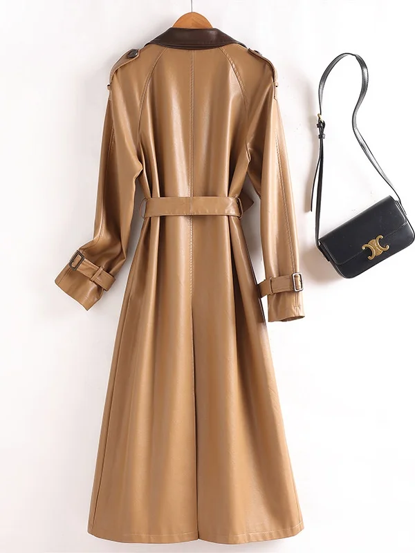   Ning 本革コート レディース ミッドレングス スリムフィット 韓国 スリープスキン ベルト付き オーバーニー トレンディ ウインドブレーカー Jaet