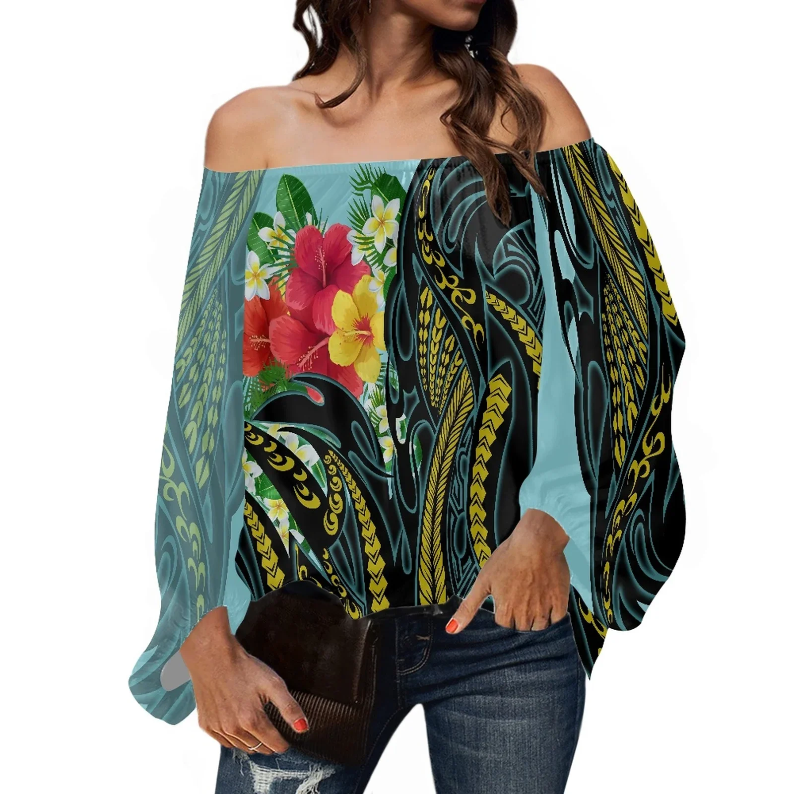 Polynesian Tribal Samoan Totem Tattoo Print Off Shoulder Women Shirt, One Shoulder Long Sheelves, Chiffon Tops, Autumn Wear