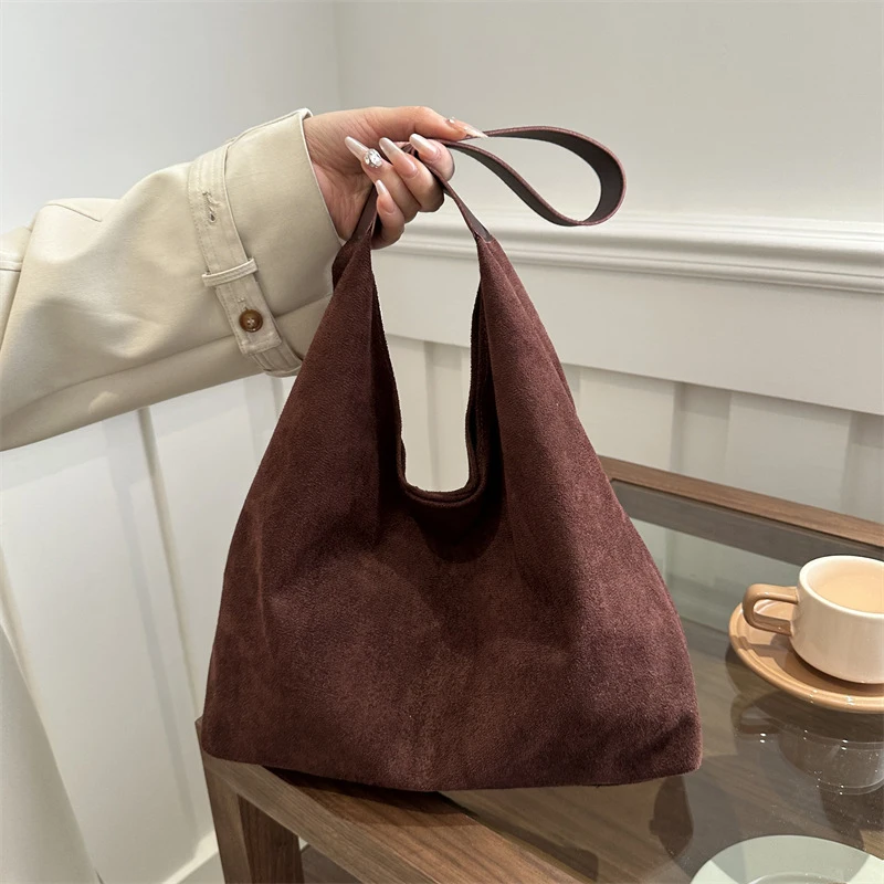 Vintage Damentasche, große Kapazität, Wildleder-Umhängetasche, einfarbig, schlichtes Design, lässige Pendler-Shopper-Tasche – Detail 5