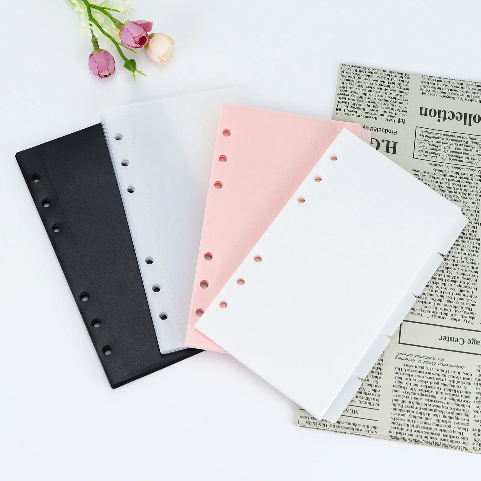 A6 5Pcs Black Binder Pockets Binder Zipper Folders for 6-Ring Notebook Divider Page Waterproof PVC Leaf Document Filing Bag