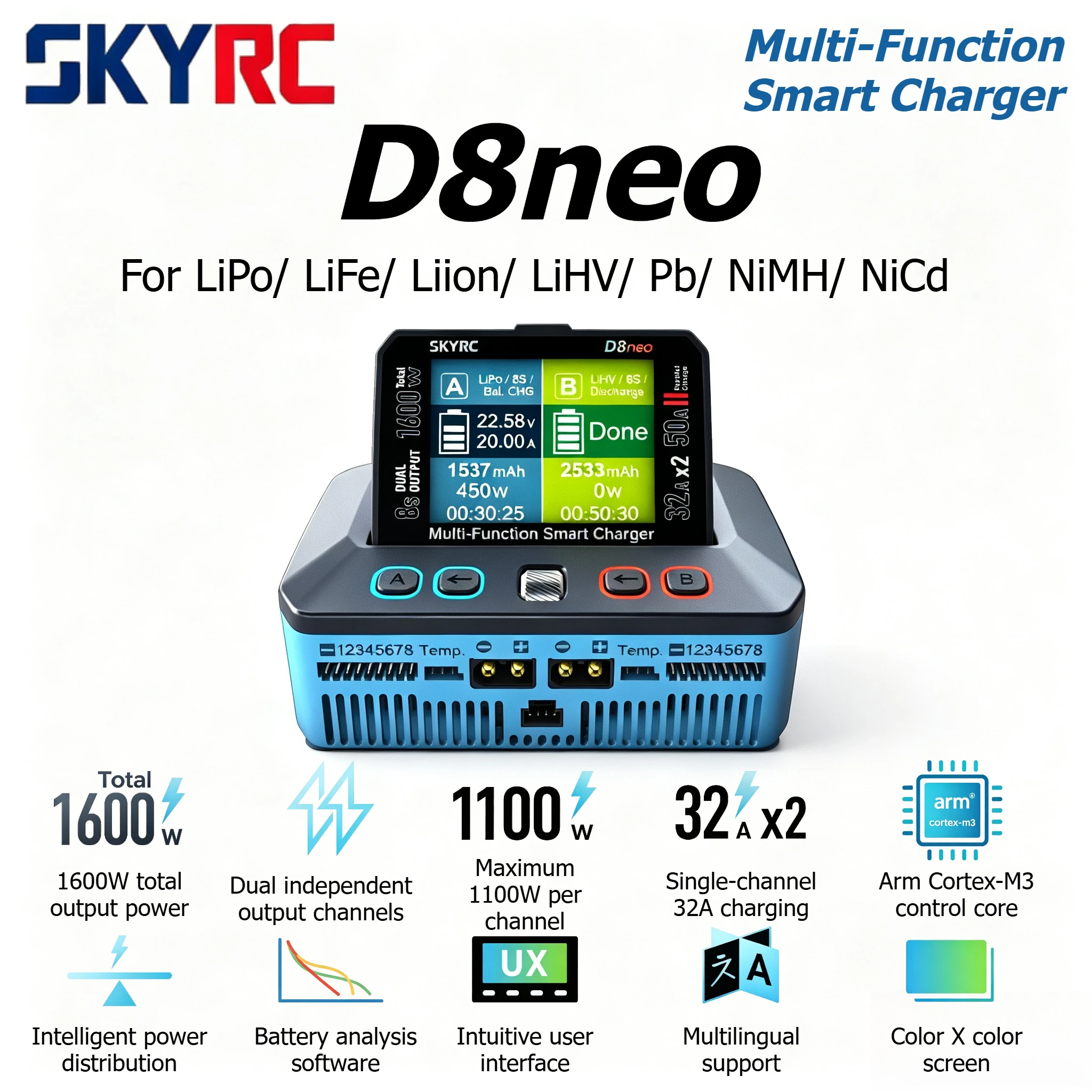 SKYRC D8neo Smart Charger Dual Outputs 1-8S For LiPo LiFe Li Ion LiHV Pb NiMH and NiCd