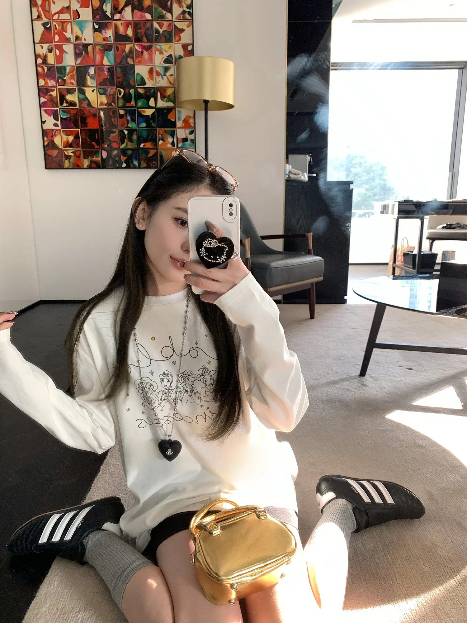 

Hhi Princ White Printed Base irt Women's Spring Versatile Loose round Ne Long Sve Pure Cotton T-irt Casual Sle