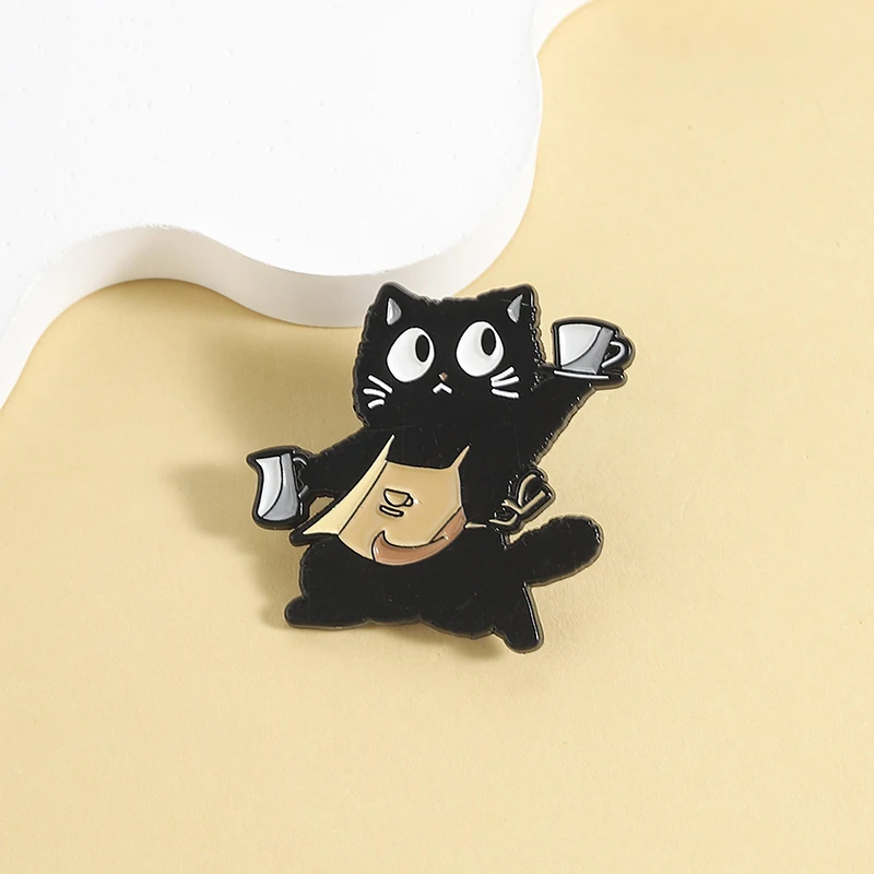 Barista Black Cat Enamel Pin Cartoon Cat Brooches Apron Animals Lapel Badge For Backpacks Bags Adorable Gift For friends view 3