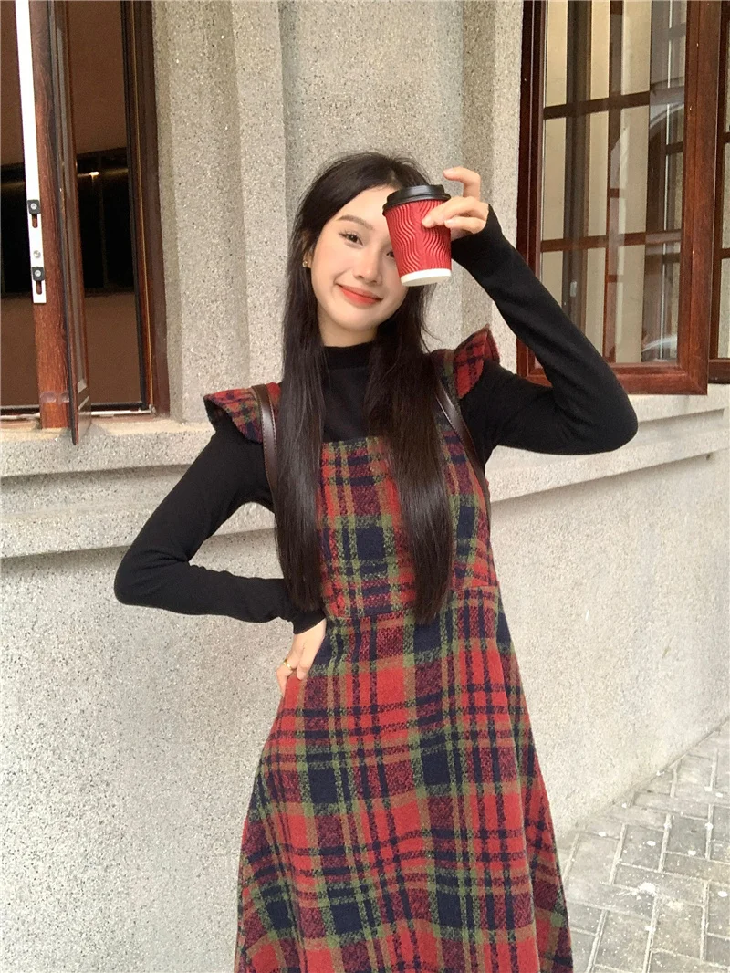 Preppy Style Women\'s Scottish Dress Set Spring Autumn Woolen Plaid Flying Sleeve Dresses + Black High-neck Slim Pullover Elegant