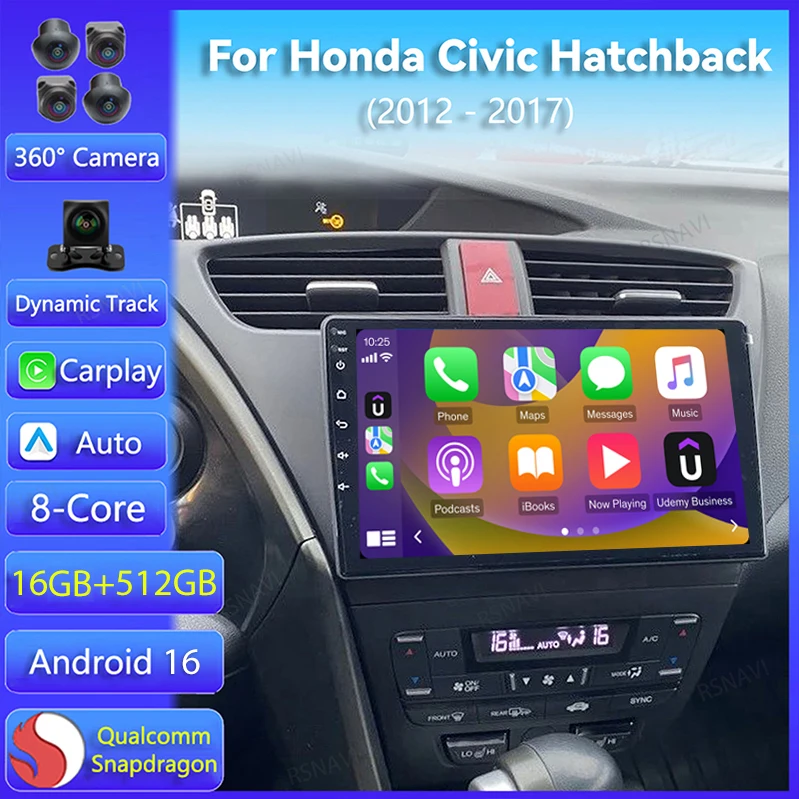 Android 16 Carplay Auto For Honda Civic Hatchback 2012 2013 2014 2015 2016 2017 Multimedia Car Radio Player WIFi+4G DSP Stereo