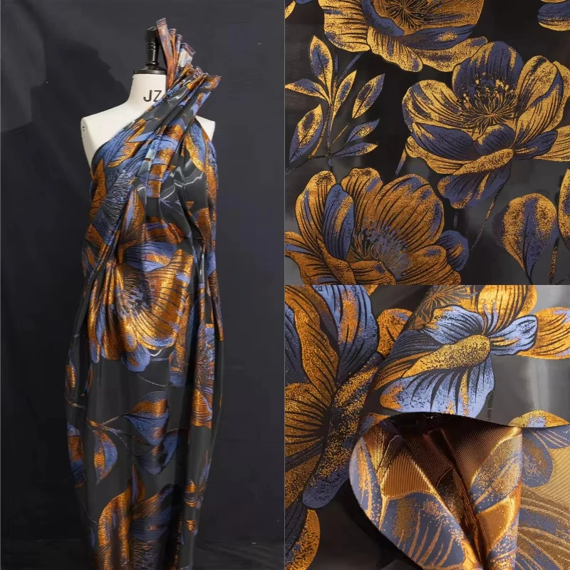 

100x145cm Gold Liquid Gloss Luster Peony Jacquard Fabric For DIY Sewing Dress Cheongsam Curtains Gown Fashion Designer Fabric