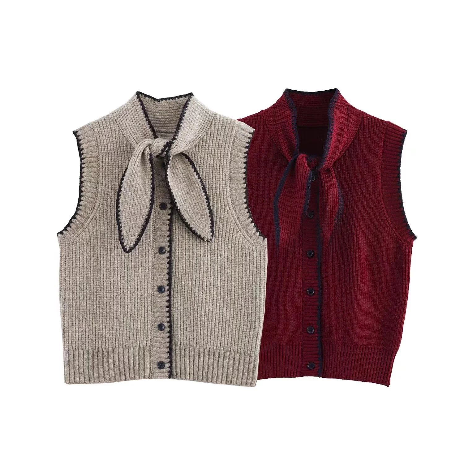 

ZBZA Spring New Women's Faion Knot Decorated Vest Sle Knitted Sweater Warm Regular Length Straight Cut Polyeste...