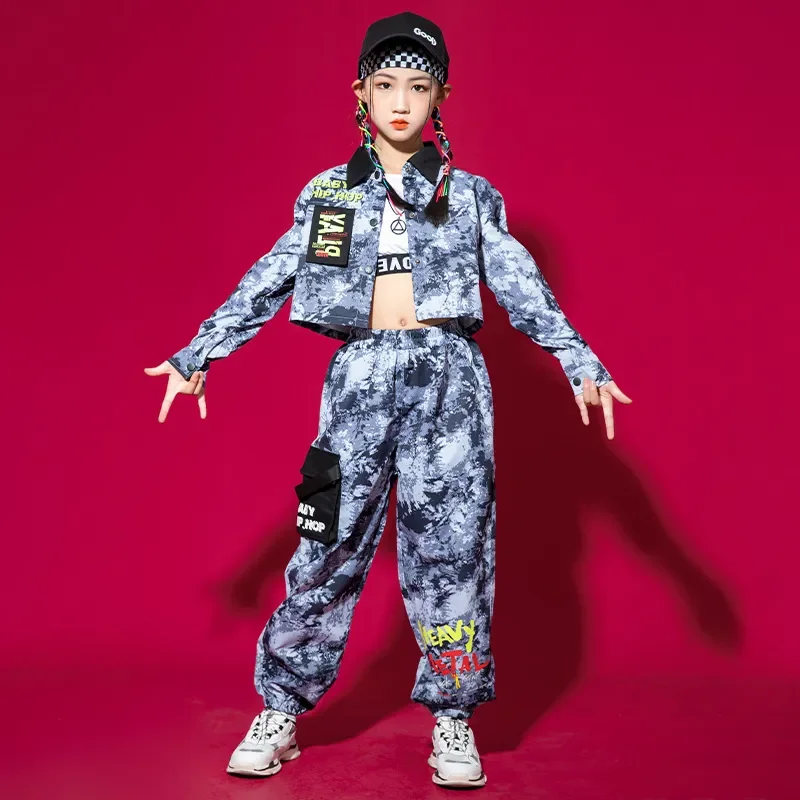 Strap Cargo Jogger Pants for Girl Boy Jazz Dance Costume Clothes Kid Kpop Hip Hop Clothing Camouflage Crop Top Shirt Streetwear