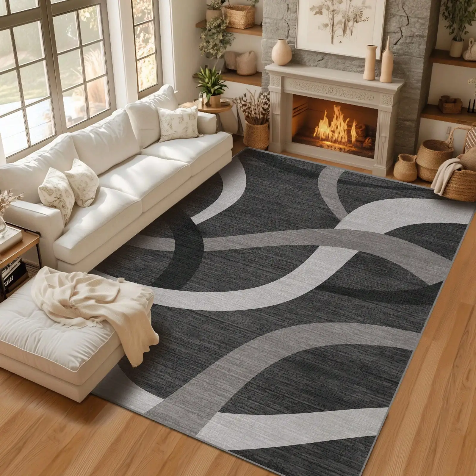 

Washable Dark Modern Abstract Low Pile Non Slip Carpet For Bedroom,Dining Room,Office,Farmhouse,Home Decor,Black And Grey