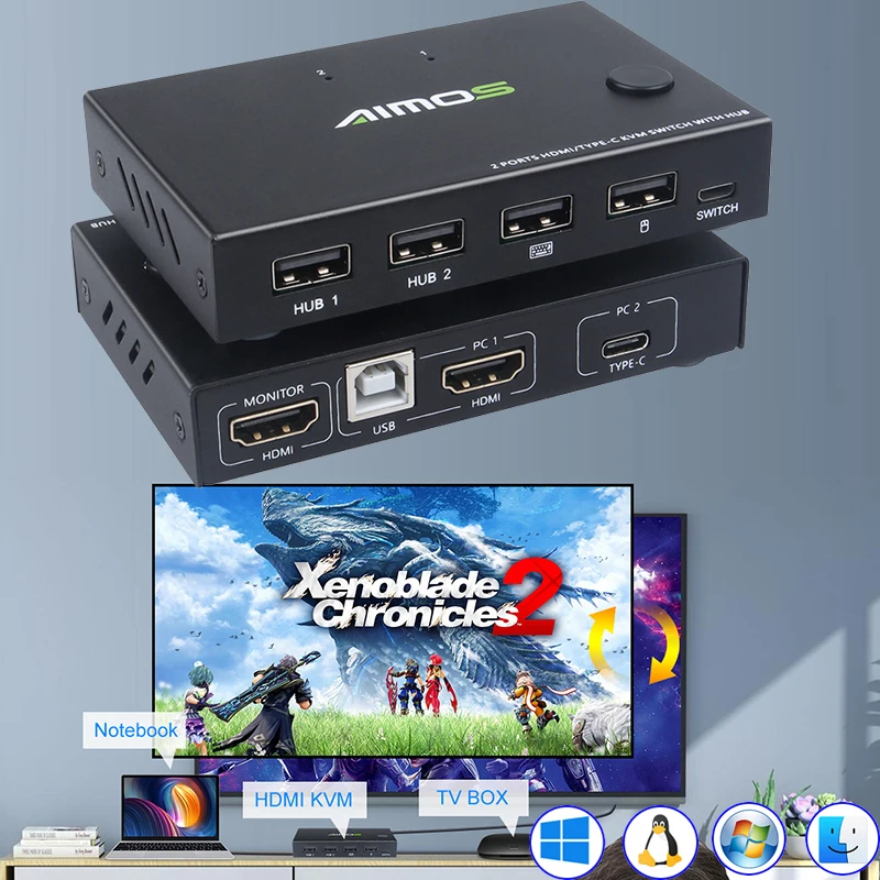 

4Kx2K@30Hz TYPE-C/HDMI-compatible KVM switcher Internet Splitter Adapter HDMI-compatible sharing switch 2 In 1 Out Game switch