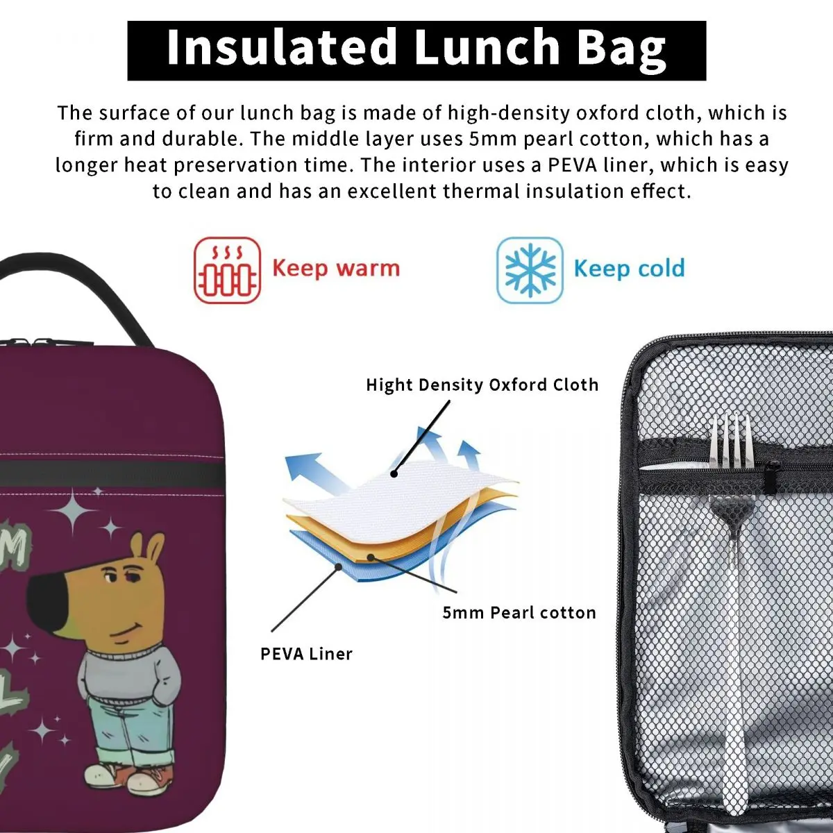 Chill Guy Meme Lunchtasche, tragbar, isoliert, Lunchbox, für Kinder, Büro, Designer, Kühltasche, lustige Oxford-Thermo-Tragetasche, Handtaschen