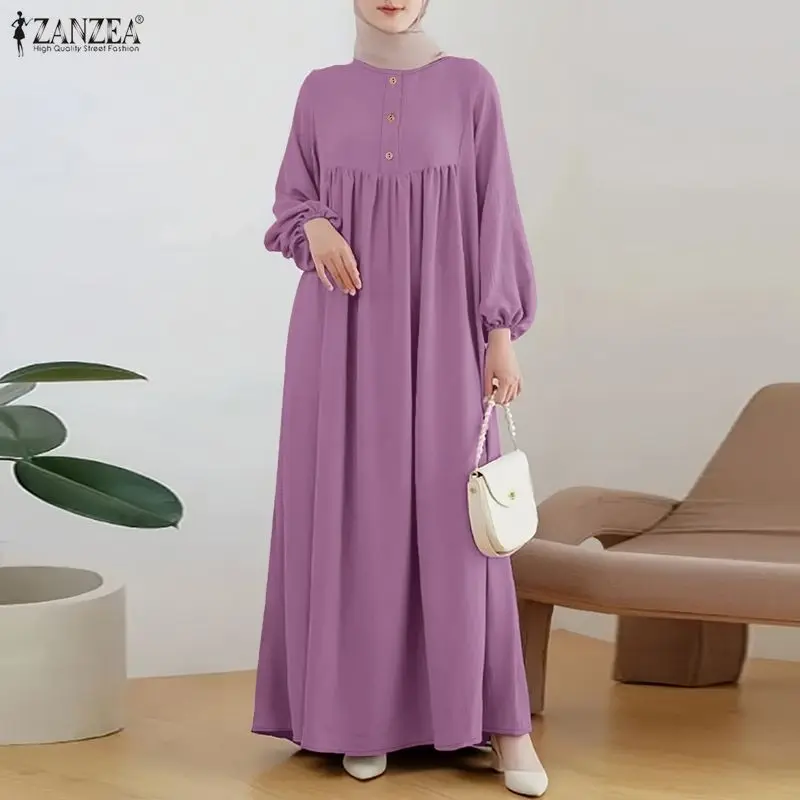 

ZANZEA Fashion Muslim Abaya Women Maxi Long Dress 2026 Elegant Casual O Neck Long Sleeve Solid Peated Sundress Kaftan Robe Femme