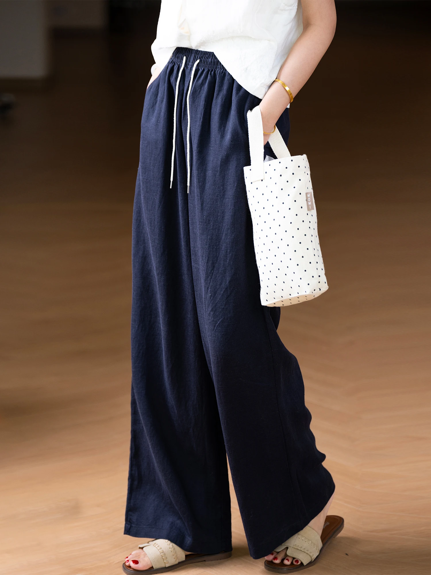 

Linen Casual Pants Comfortable Breathable Fashion Elastic Waist Belt Loose Slimming Straight Leg Casual Pants for Women
