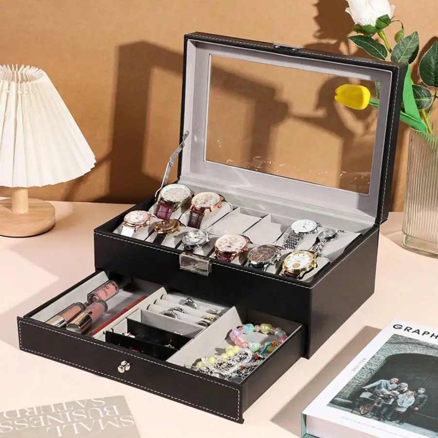 

Коробка для мужских часов на 20 отделений, черный роскошный футляр для хранения часов с выдвижным ящиком, кожаный демонстрационный футляр для часов, шкатулка для украшений.