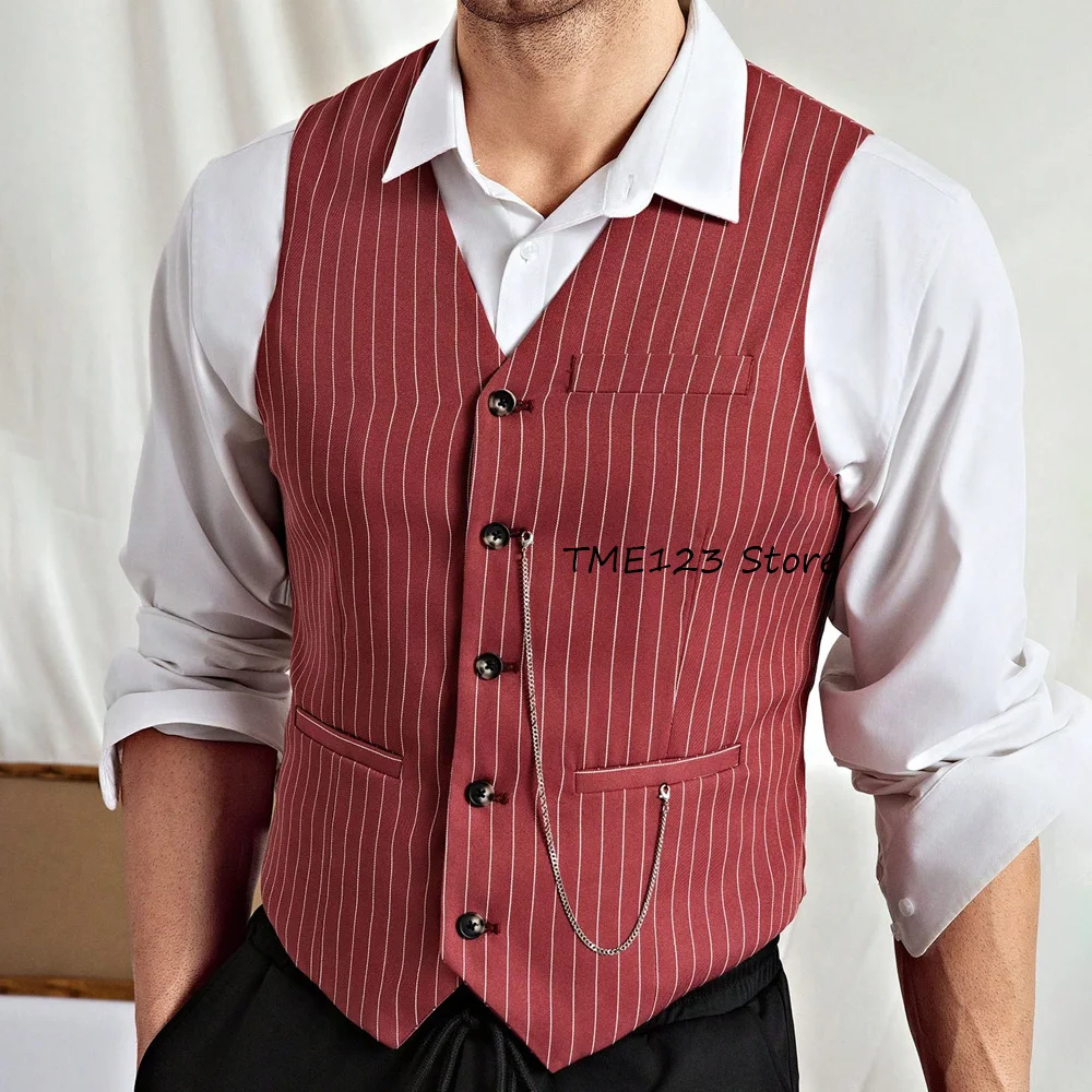 

Casual Men's Sleeveless Vest Striped Fabric Straight Pockets Waistcoat Single-breasted Fashion Suit V-neck Elegant Man Vest
