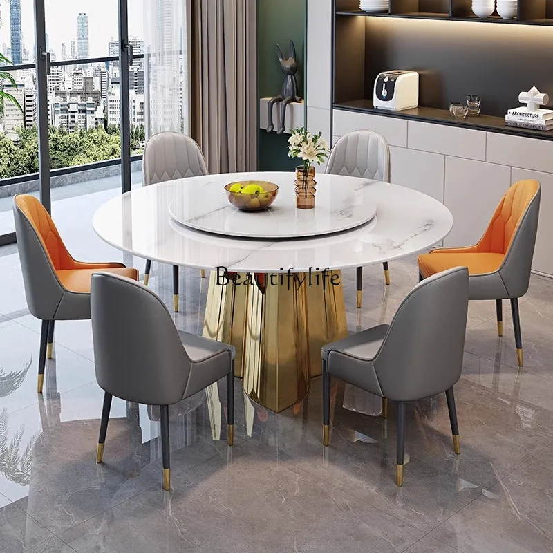 

Dining table Modern simple high-end rock slab table and chair combination Light luxury with turntable Round