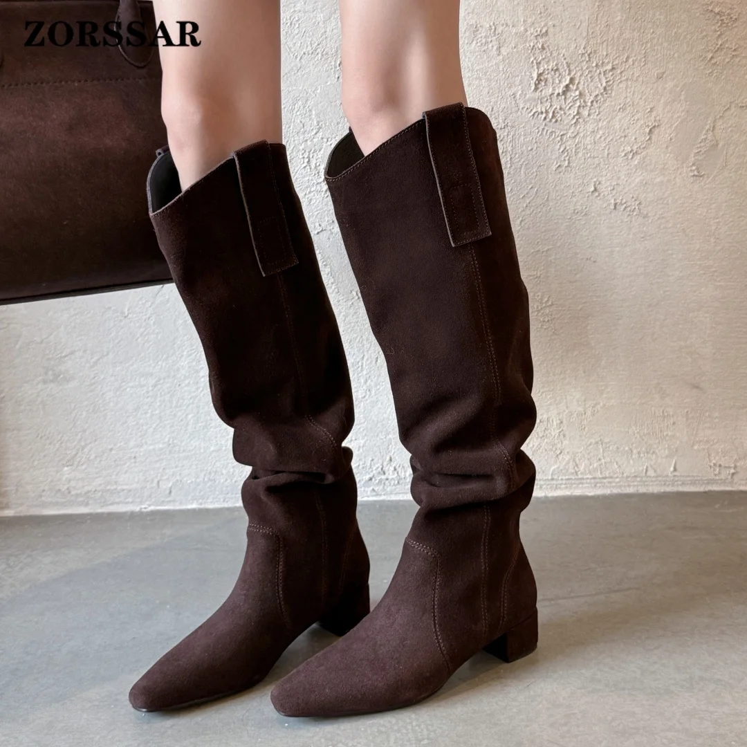 

Женские сапоги-ботфорты из натуральной замши с круглым носком, на низком каблуке 3,5 см, повседневные, осенние, на плоской подошве, без застежек