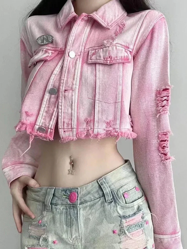 

Сексуальные укороченные джинсовые куртки с дырками, женская уличная одежда, винтажные тонкие джинсовые пальто Y2K, американские женские розовые топы с длинными рукавами JJ124