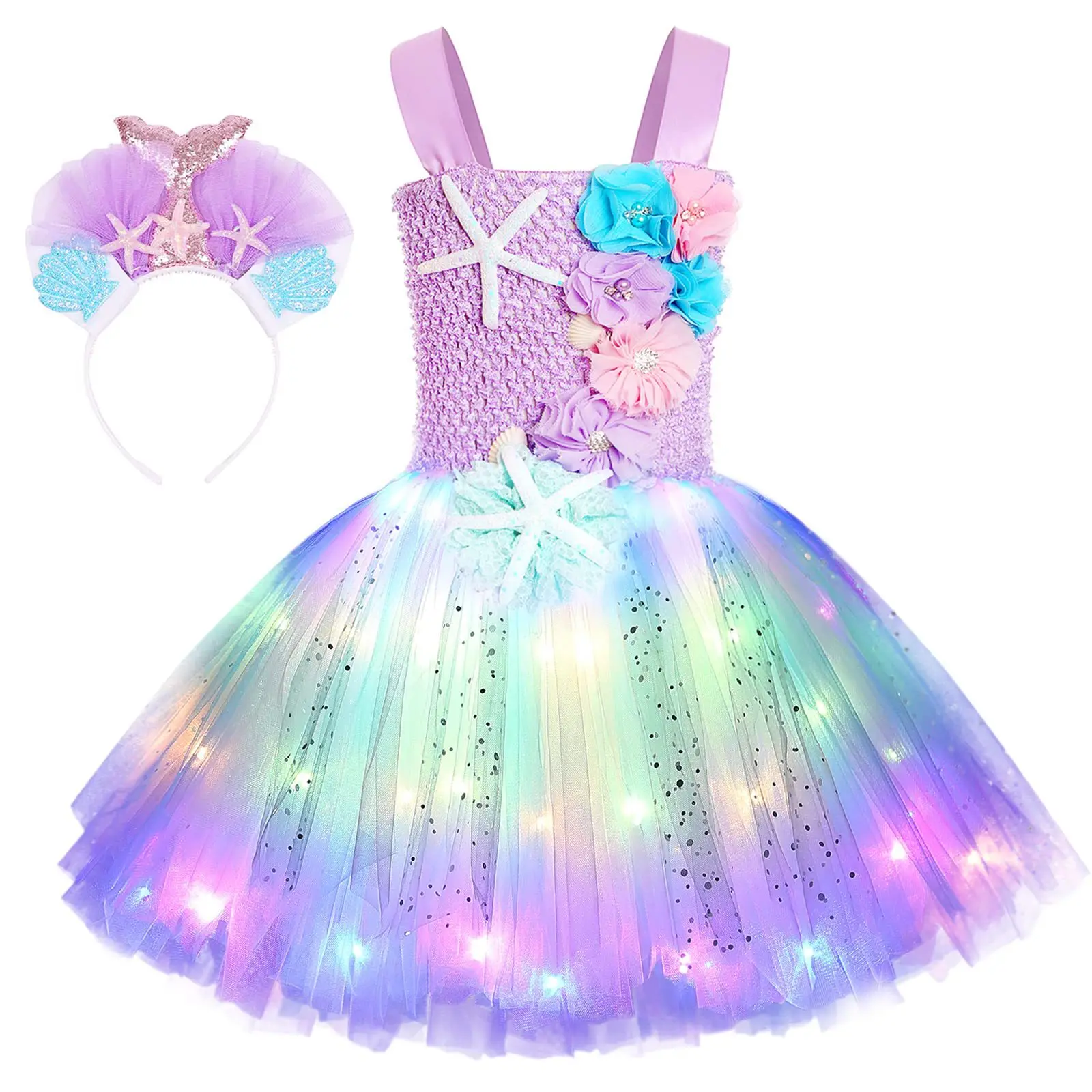 Pricness Girls Mermaid Tutu Dresses with LED Lights Sea Theme Party Starfish Ariel Cosplay Costumes Purple Ball Gown Dress