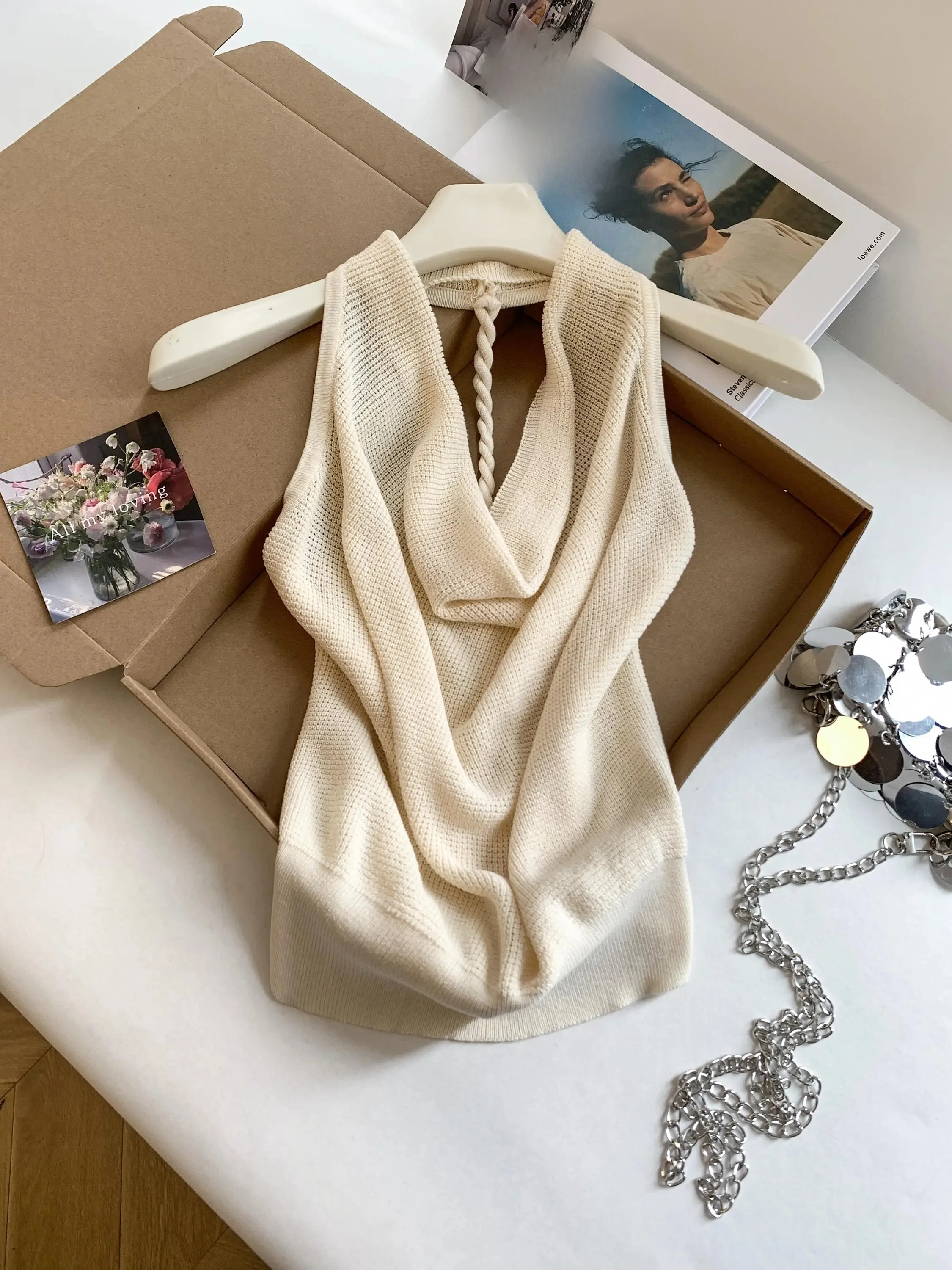 Spicy Girl Knitted Vest Women's Summer New Style Pure Desire Slim Fit Hanging Neck Backless Top Fashionable Sleeveless Tank Top