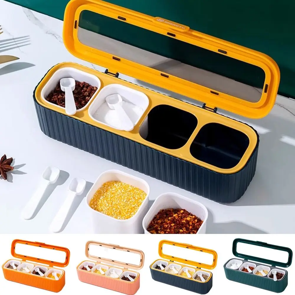 

Durable Plasric 4 Grids Seasoning Box Thickened Dustproof Seasoning Storage Box with Spoon Seasoning Storage Container Pepper