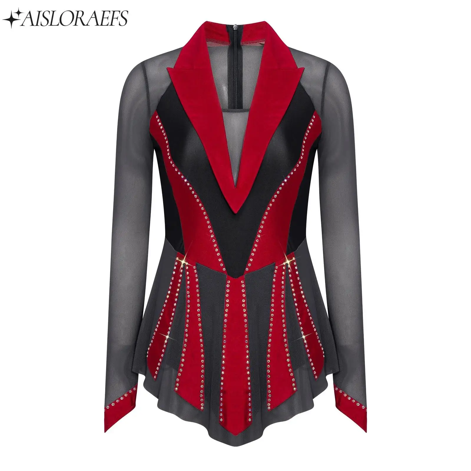 

Womens Athletic Figure Skating Dance Dress Shiny Rhinestone Sheer Mesh Bodysuit Gymnastics Lyrical Modern Performance Dancewear