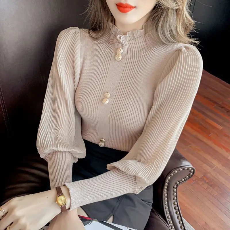 

Temperament Autumn Sweaters Women's Mock Neck Solid Button Chiffon Patchwork Lantern Sleeve Fashion Slim Long Sleeve Knit Tops