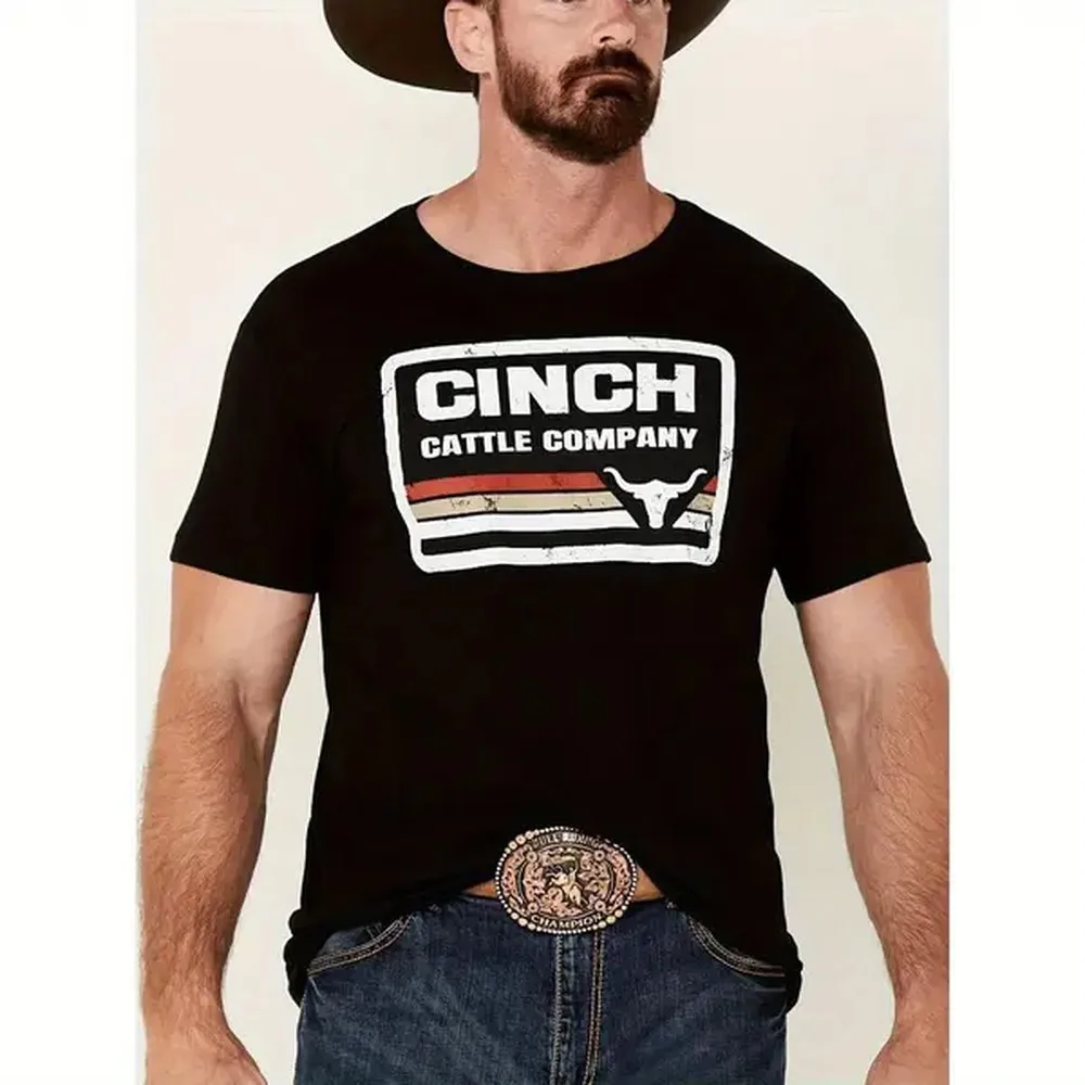 100% Cotton Cinch Cattle Company Men'S Retro 100% Cotton T-Shirt - Western Denim Short Sleeve Crew Neck With Bull And Stripe Design, Machine Washable Summer Casual Shirt For Outdoor Activities, Casual Wear Menswear Top Golf Gift T-Shirt For Men And Women