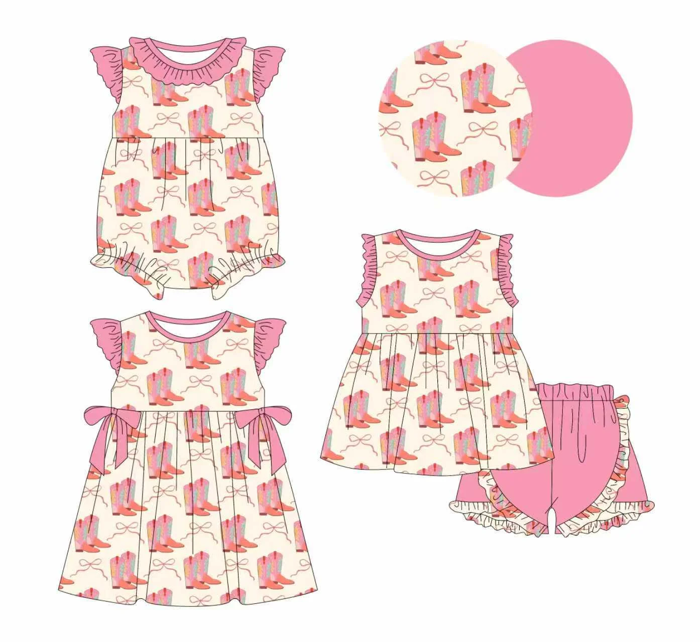 Western-style print girl's summer pink flutter sleeve ruffle top and shorts boutique set dress and Romper 3-piece set