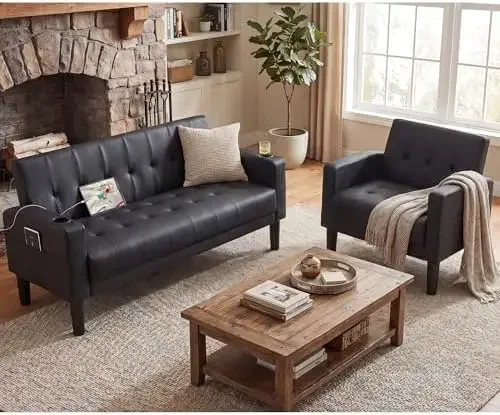Leather Couch and Chair Set, Living Room Furniture Set with USB & Type-C Ports, Black Loveseat Sofa and Matching Chair
