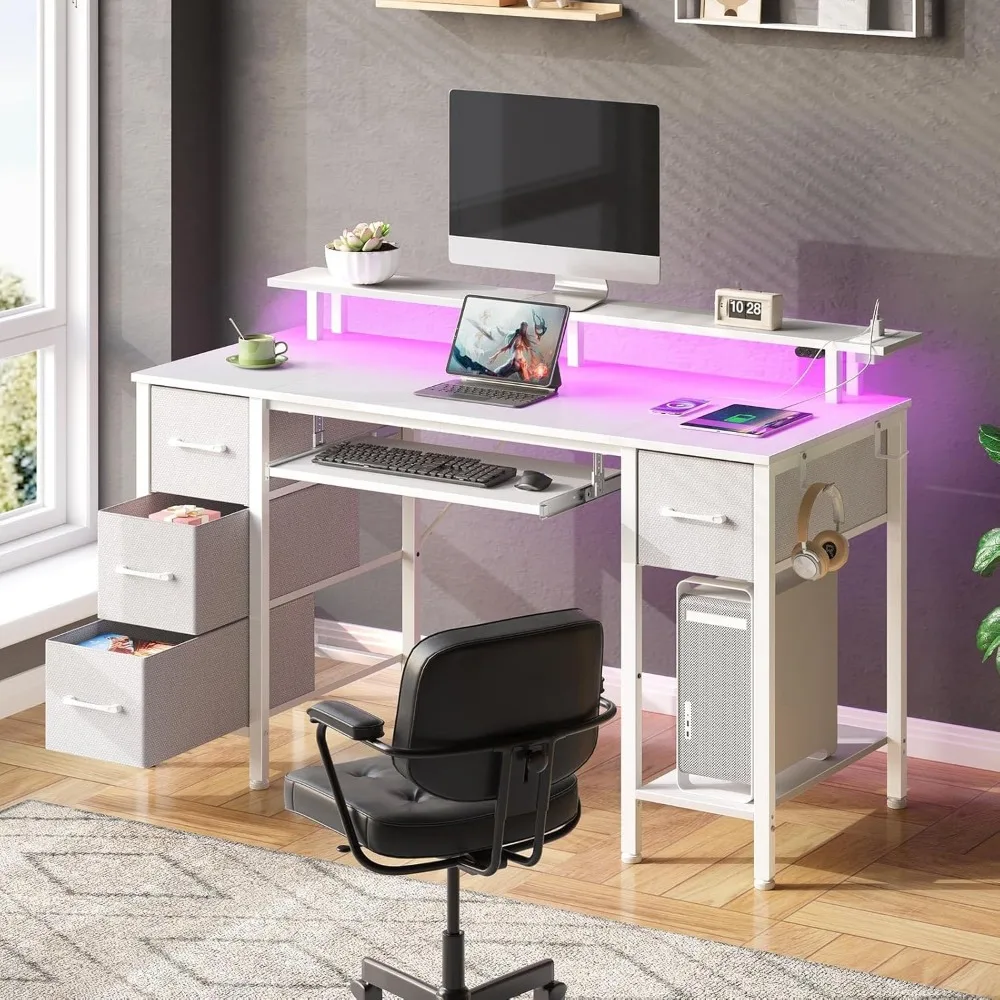 White Computer Desk with LED Lights, Drawers & Power Outlets, 47 inch Gaming Office Desk for Small Spaces