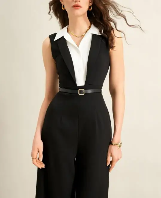 

Women's Black and White Color Blocked Lapel Sleeveless Jumpsuit, Summer, New, High-End, 2-Piece