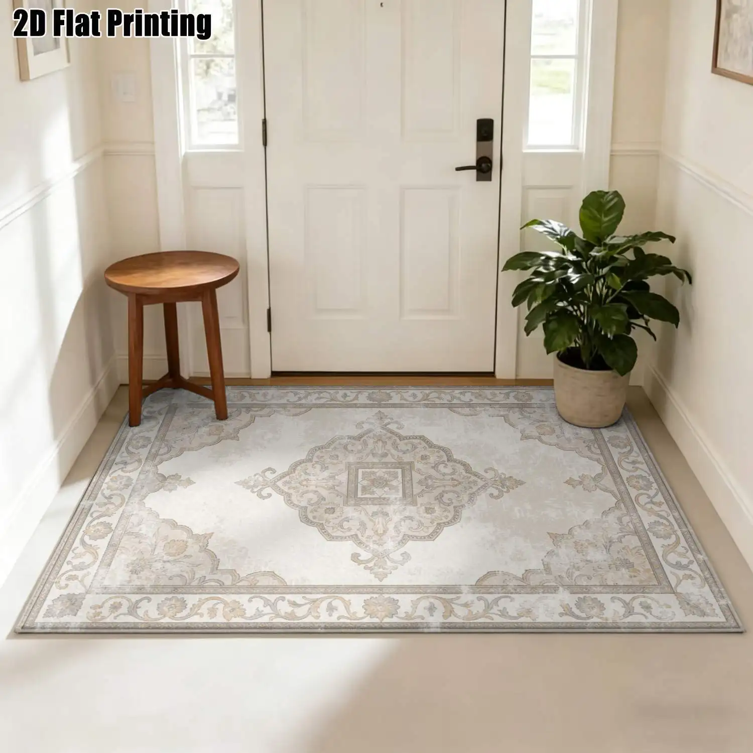 1Pc 2D Printed Beige Retro Floral European Carpet, Multi-Size Machine Washable Floor Mat for Entrance, Living Room, Bedroom, Dining Room & Foyer, Home Decoration