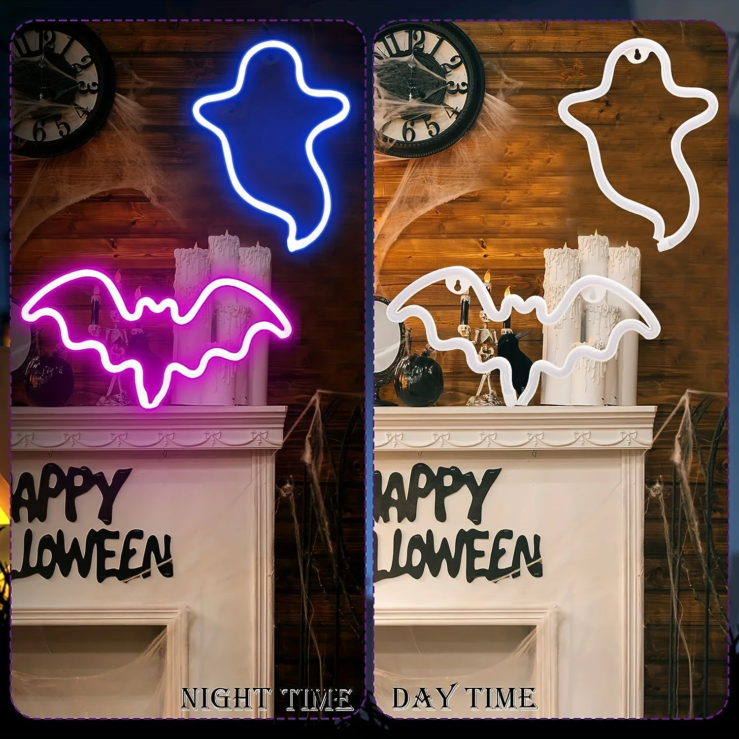 2pcs, bat+ghost neon lights, USB or battery powered, Halloween Happy LED light logo, interior decoration, party decoration