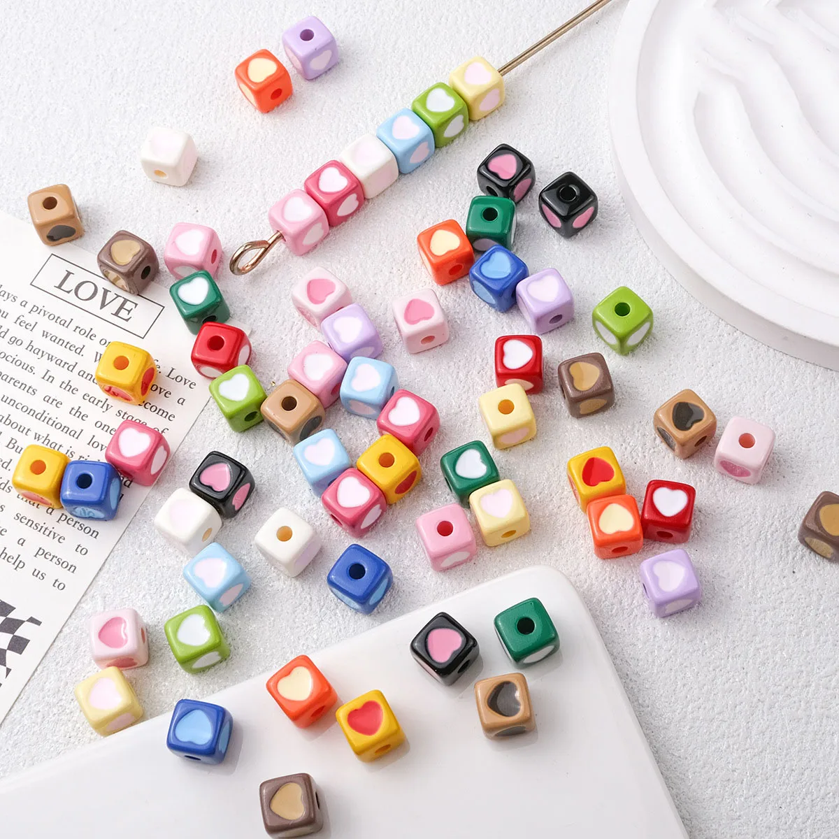 New Colorful Oil Drop Love Heart Cube Square Plastic Acrylic Ornament Accessories Material Bracelet Earring Beads 100pcs 9*9mm