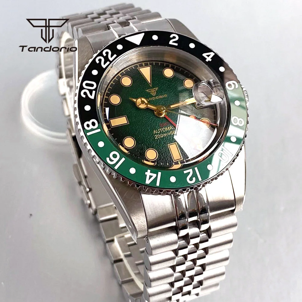 Tandorio Automático NH34 Reloj GMT de acero de 38 mm para hombre Zafiro con cúpula 20ATM Fecha de buzo Reloj de pulsera mecánico con bisel 24H resistente al agua