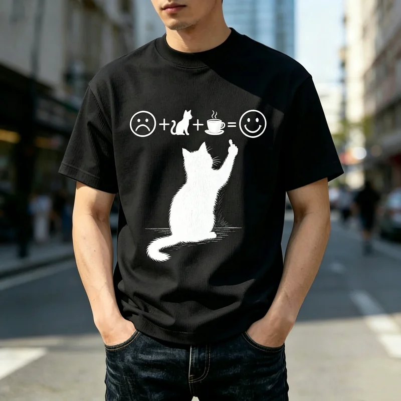 Funny Cat Mood Equation T-shirt Vintage Style Graphic Top for Men Women Who Love Cats and Coffee Comfy Casual T-shirt