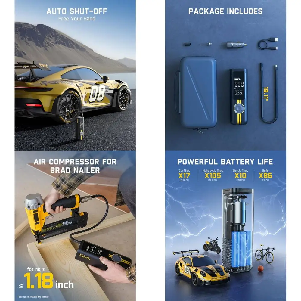 

Портативный беспроводной воздушный компрессор мощностью 150 фунтов на квадратный дюйм для автомобилей, мотоциклов и MPV, быстрое накачивание в 1 минуту, двойной светодиодный экран, подходит для