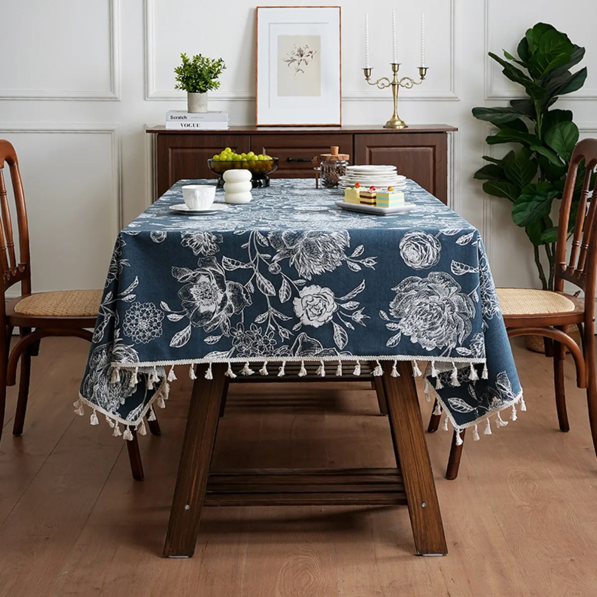Blue Floral Tablecloth Blue Handblock Print Cover with Fringed Edges for Kitchen Dining Spring Summer Picnic Wedding Party Decor