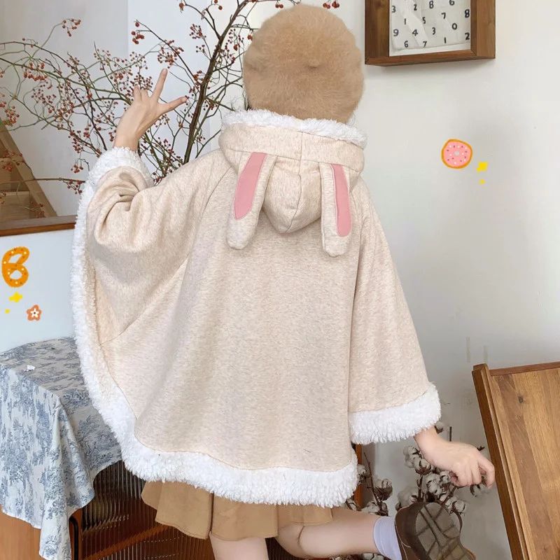 Autumn Winter Kawaii Women Oversized Cloak Lovely Overcoat Fleece Edge Cape Japanese Style Mori Girl Rabbit Ear Hooded Outerwear