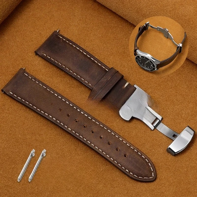 Leather Watchband for Seiko for Omega Business Watch Band 14/16/18/20mm 22mm Butterfly Buckle Stitching Straps