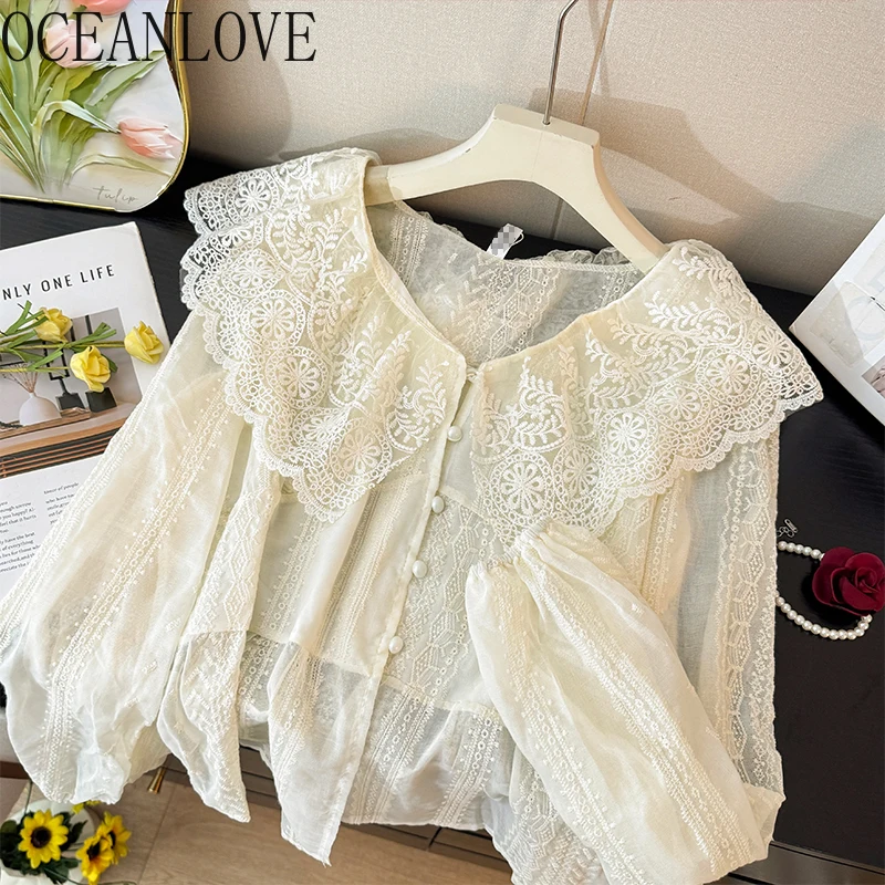 

OCEANLOVE Lace Shirts&blouses Women Tops Peter Pan Collar Spring Autumn Blusas Mujer Korean Fashion Embroidered Camisas